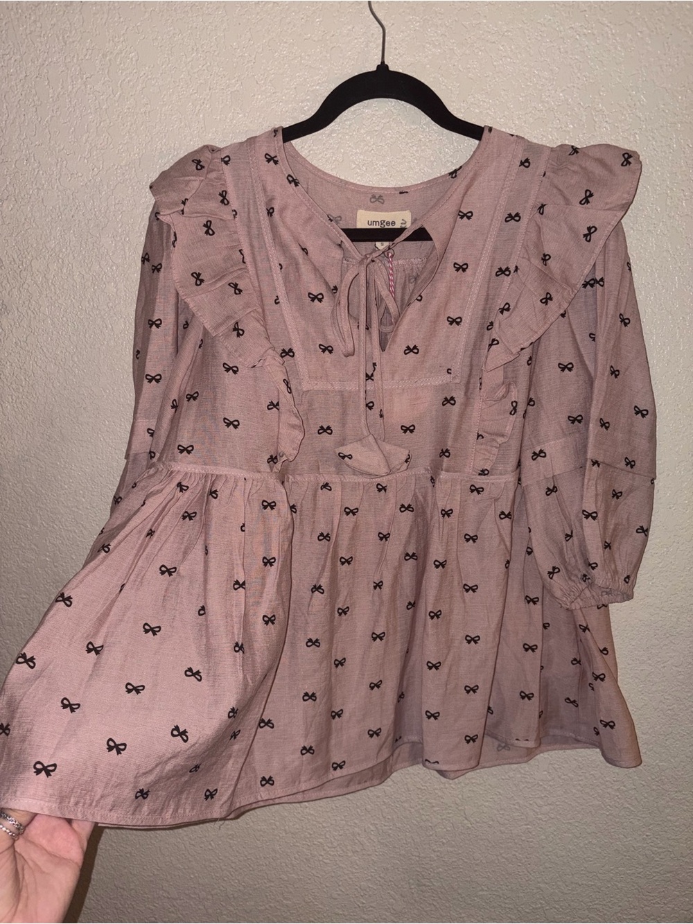 🎀NWT Umgee "Bow🎀 Babydoll Blouse w/3/4 Puff Sleeves w/Ruffles” Mauve💗Black🖤Small - Picture 10 of 14